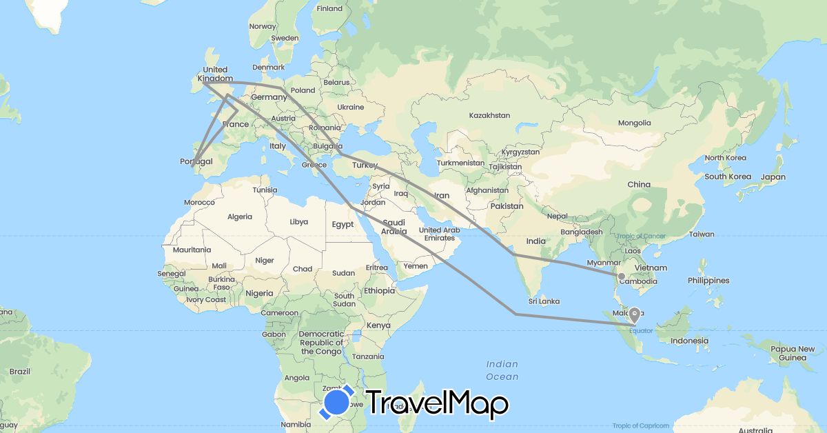 TravelMap itinerary: driving, plane in Germany, Egypt, France, United Kingdom, Ireland, India, Maldives, Portugal, Singapore, Thailand, Turkey (Africa, Asia, Europe)